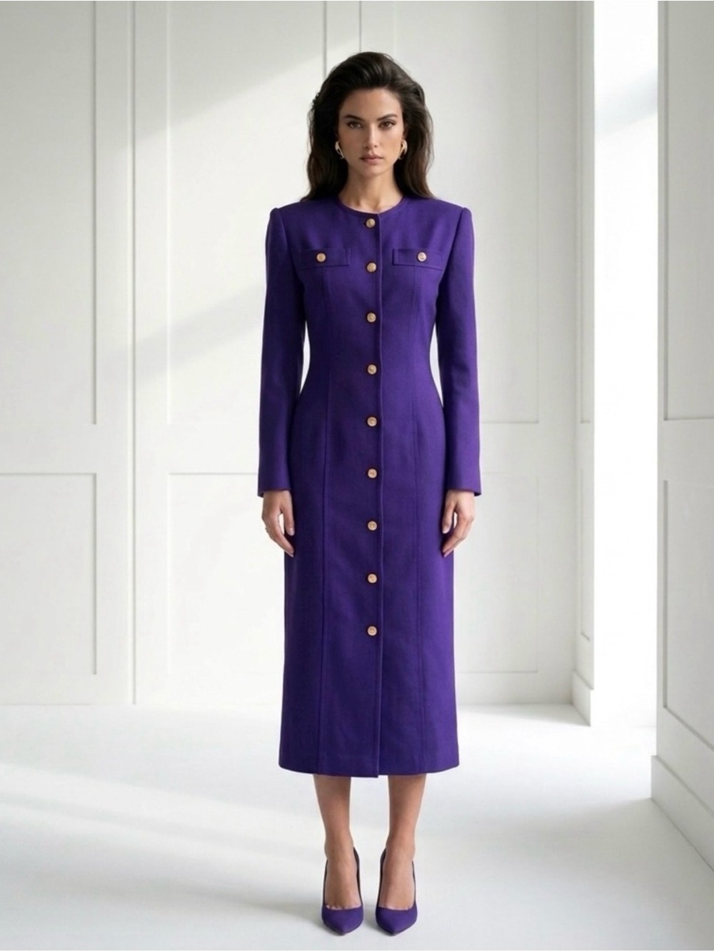 Vintage Luisa Spagnoli Deep Purple Long-Sleeve Button Midi Dress M/L